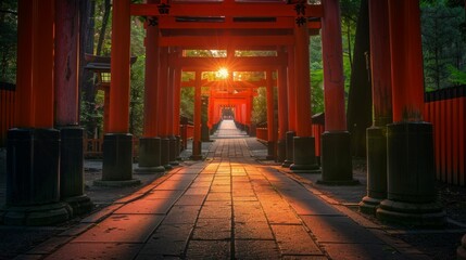 Sunset through the Torii Gates at Fushimi Inari Shrine, a Path to Tranquility