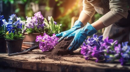 Horticulturist Tending to Colorful Hyacinths - obrazy, fototapety, plakaty