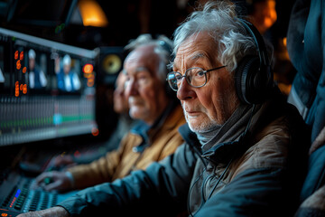 Fototapeta premium Old Veteran Senior Audiovisual Technician About to Retire Working in the Television Production Control Booth with other colleagues