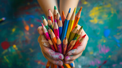 A child holds a bunch of colorful pencils in their hands. The pencils are of different colors and...