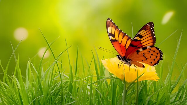 Easter spring background with fresh butterfly and yellow green grass