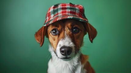 Adorable Jack Russell Terrier Puppy in Plaid Cap Gazing Curiously at in Green Studio