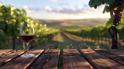 Fotobehang Wine tasting and vineyard tourism. Wooden table and glass of wine © Postproduction