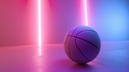 Basketball ball with glowing lines on colorful blue and pink neon light background. Futuristic sport concept. 3d rendering