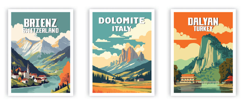 Brienz, Dolomite, Dalyan Illustration Art. Travel Poster Wall Art. Minimalist Vector art