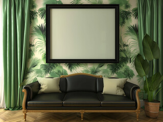 Frame mockup on the living room wall, green tone