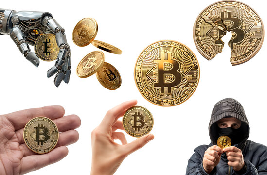 Extensive Bitcoin Illustration Set: Bitcoin Held in Hand, Bitcoin and Hacker, Ascending and Descending Bitcoins, and Bitcoin Coins, Isolated on Transparent Background, PNG