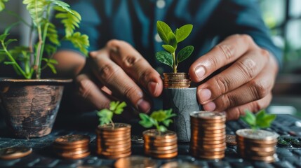 Hands planting trees grows on a pile of coins concept of profit saving for the future of investment and business growth for financial prosperity and sustainable development.
