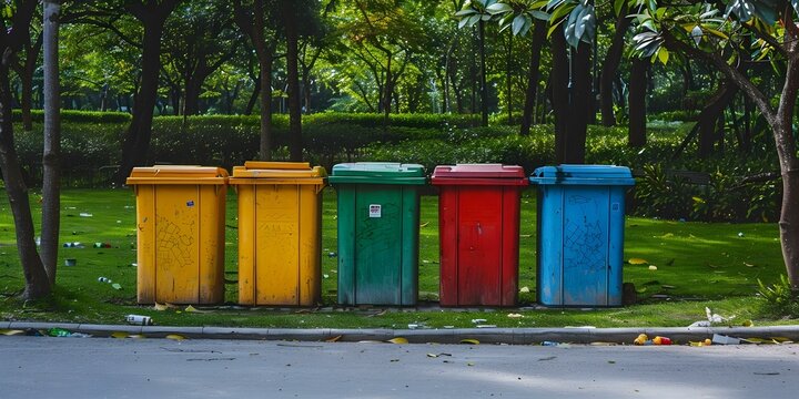 Colorful recycle bins in a park promoting waste segregation and community involvement in recycling efforts. Concept Recycling, Waste Segregation, Community Involvement, Park Promotion, Colorful Bins