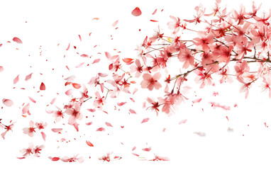 Sakura's Petals Carried Away by the Wind, Dancing Sakura Petals in the Wind Isolated on Transparent background.