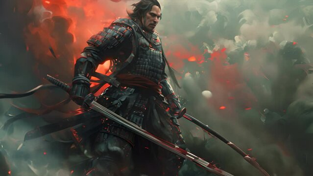 Fearless samurai in dark armor wields katana.generative ai