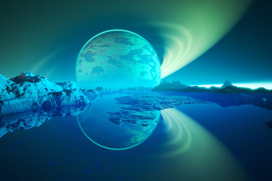 Breathtaking Alien Landscape: Majestic Exoplanet Adorned with Rings in the Sky