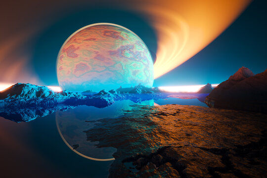 Breathtaking Alien Landscape: Majestic Exoplanet Adorned with Rings in the Sky