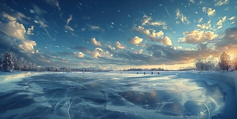 Panoramic view of the snow-covered shore of the frozen Baltic sea at sunset. Ice fragments close-up. Colorful cloudscape, soft sunlight. Symmetry reflections on the water. Christmas, seasons, winter - obrazy, fototapety, plakaty