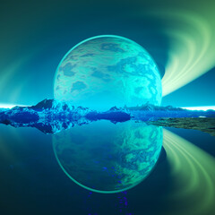 Enigmatic Alien Planet Landscape with a Reflective Waterscape Amidst Mountains