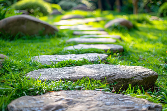 Garden stone path with grass growing up between the stones.