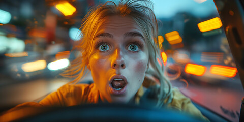 Portrait of a young scared beautiful girl with blue eyes in the car