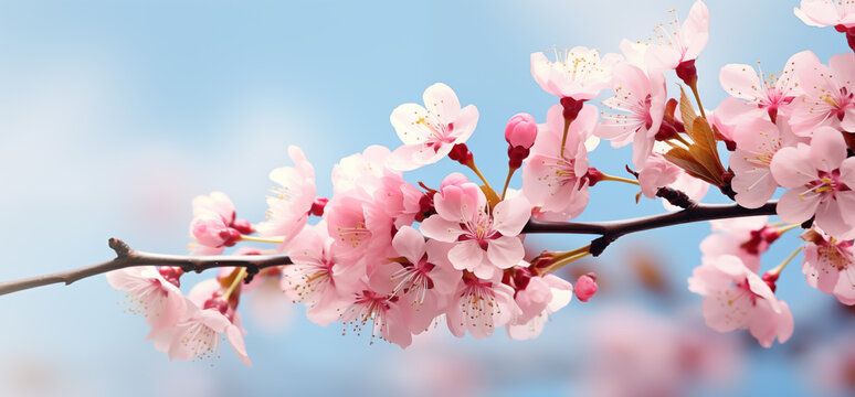 Blooming cherry blossoms blue sky background