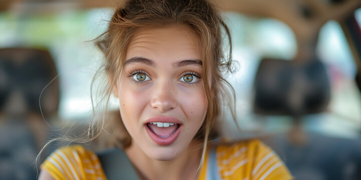 Portrait of a young scared beautiful girl with blue eyes in the car