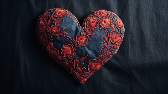 Embroidered Heart on Dark Fabric Background