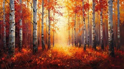 Oil painting of birch forest at sunset, capturing warm hues and dappled light.