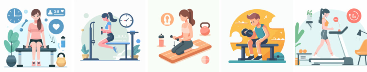 Home workout flat composition with front view of living room interior with family characters performing exercises vector illustration