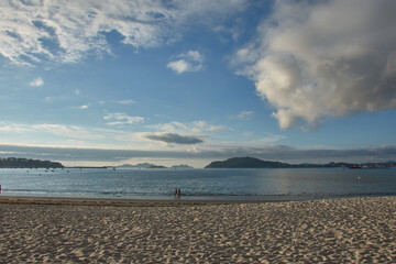 View of Monte Real, Cies and Monteferro islands from Ladeira Beach in Baiona, Pontevedra, Spain