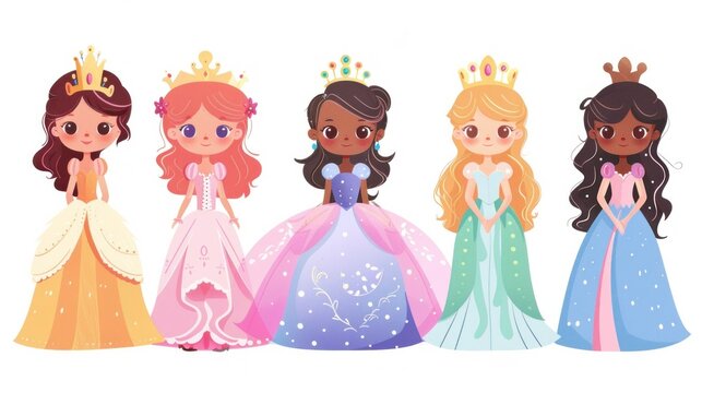 Cartoon princesses adorned in flowing dresses and sparkling crowns