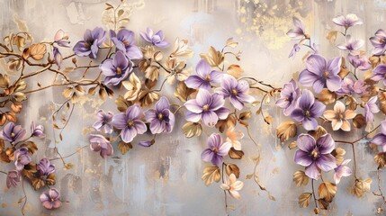 Decorative floral backdrop with violet flowers and golden twigs. Opulent romance - obrazy, fototapety, plakaty