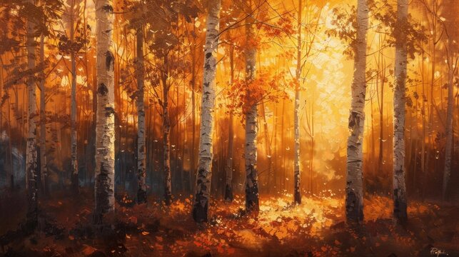 Autumn birch forest at sunset in oil painting.