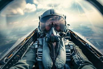Fototapeta premium Portrait of a fighter pilot in an aircraft cockpit in the sky during aviator military mission. 