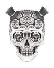 Steampunk skull tattoo design by hand drawing on paper.
