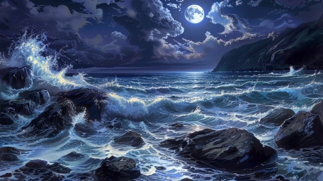 Full Moon Illuminating Ocean Waves