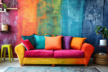 Apartment with colorful sofa against solid wall. Minimalistic design with couch in living room. - obrazy, fototapety, plakaty