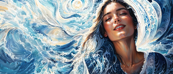 Mythical siren princess swimming and splashing her hair in the blue ocean water waves, pure bliss and enjoyment in the sea  - fantasy role playing female portrait. - obrazy, fototapety, plakaty