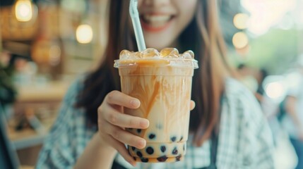Happy asian woman holding pearl milk tea with straw. Taiwan popular drink.