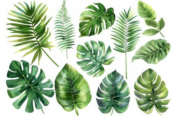Watercolor green tropical leaves clip art, white background, different types of palm plants, monstera leafs and ferns, vector illustration for stickers or junk journaling, white isolated background. - obrazy, fototapety, plakaty