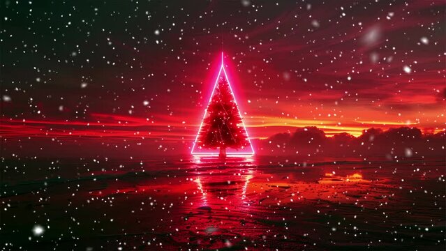 Neon Christmas tree. Loop. Falling snowflakes. Neon. Falling snowflakes effect. Noel. Loop. Christmas tree. Loop. Generative AI.