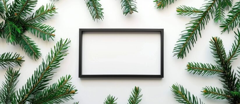 Christmas composition featuring black frame and Christmas tree branches against a white background. Displayed from a front view with mock-up design and ample copy space, in a square format.