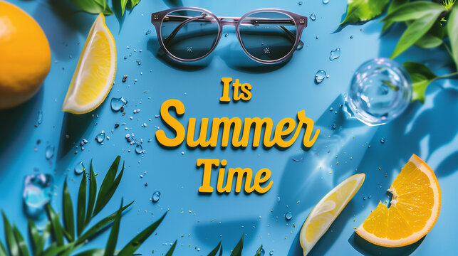 its summer time lettering with sunglasses tropical fruits like lemon on blue background, Summer vacation concept