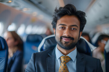 Portrait of confident Indian man in formal suit during business trip. Male passenger in airplane...