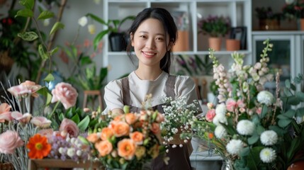 Flower arrangement by happy asian young woman florist. Indoor decor and bouquet