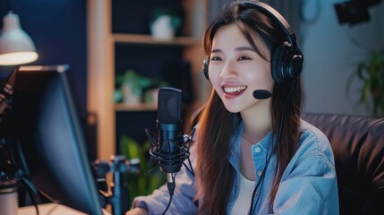 Asian woman radio host recording podcast with headphones and microphone at studio.