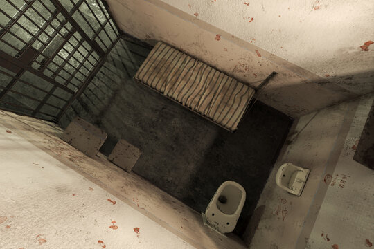 Eerie, Abandoned Prison Cell: Desolate View with Bed Frame and Stained Toilet