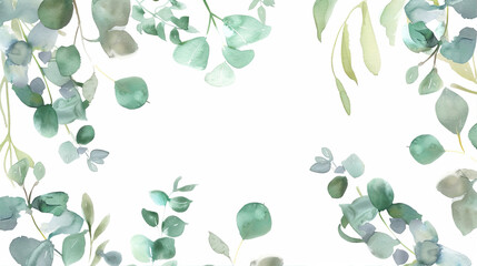 White background with a frame of leaves in a watercolor style.

