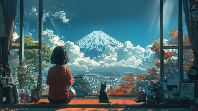 A girl sits on the floor looking out the window at the view of the mountain. Anime style. Loop animation