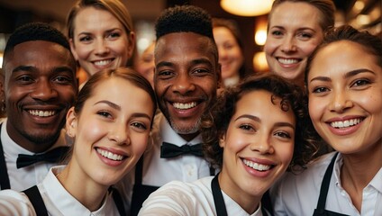 Happy service staff in uniforms taking group selfie, diverse restaurant workers smiling