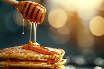 Honey dripping on fluffy pancakes with a wooden dipper, creating a sweet and delicious breakfast scene in a cozy kitchen setting. - obrazy, fototapety, plakaty
