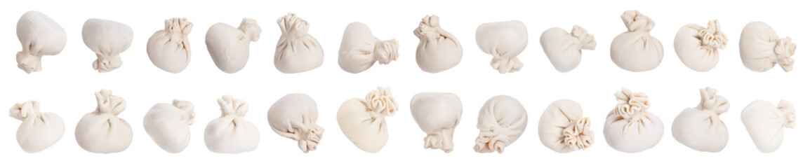 Uncooked khinkalis (dumplings) isolated on white, set