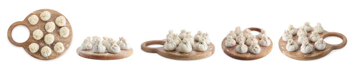 Set of uncooked khinkalis (dumplings) isolated on white, top and side views